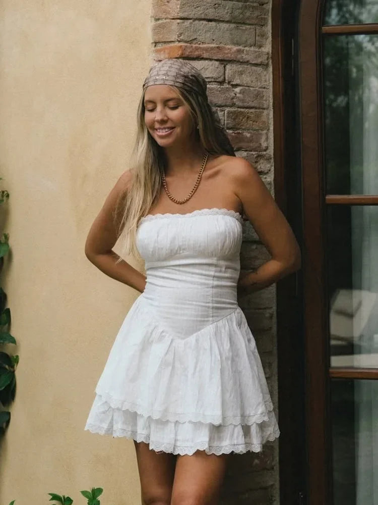 White Lace Dress Women Strapless Sleeveless Short Summer Dress Corset Cotton Mini Beach Casual Vestidos Party Dress 2025