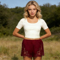 Women Summer Casual Wear Featuring Intricate Lace Detailing On Sides And Hem Mini Shorts Summer Silk Lace Shorts