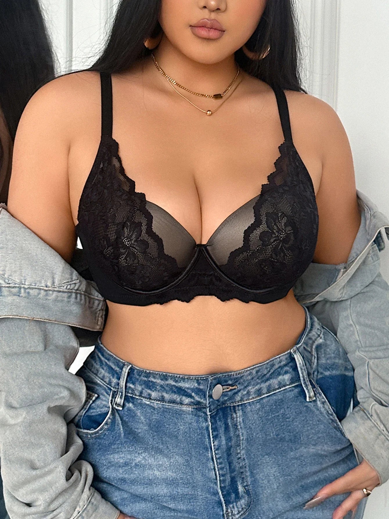 Plus Size Women's B C D Thin Cup Bra Mesh Lace No Lining Gather Breast Wide Strap Underwire Breathable Sexy Lingerie