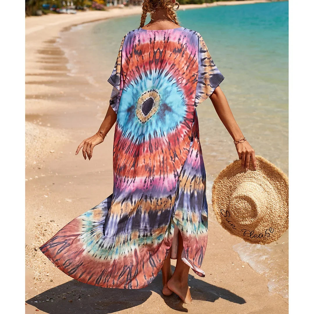 2026 New Colorful Kaftan Tunic Beach Dress Beach Wear Beachwear Beach Cover Up Cover-upsLoose Maxi Dress Female Women V4428