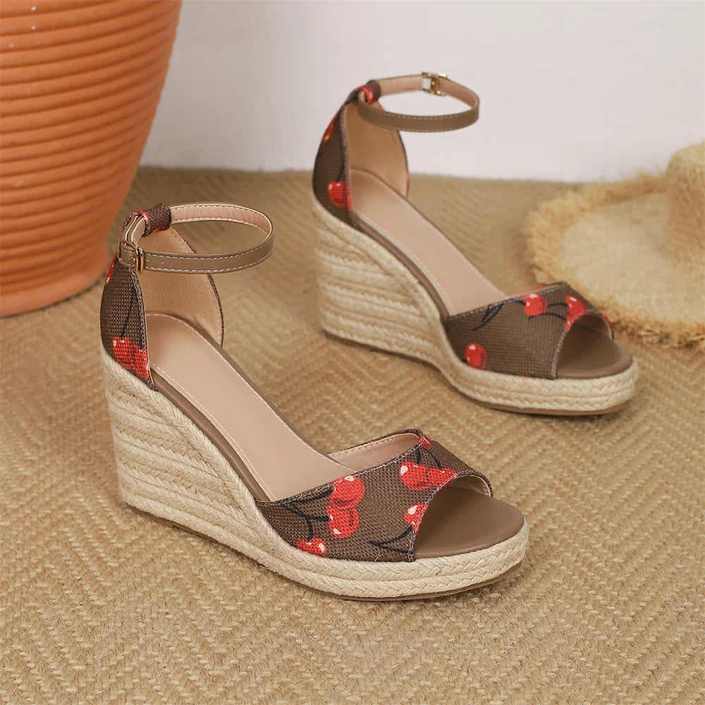 EUR Size 45 Leisure Espadrille Wedge Sandals Women Cherry Summer High Heels Shoes Beach Vacation Platform Ankle Strap Sandals