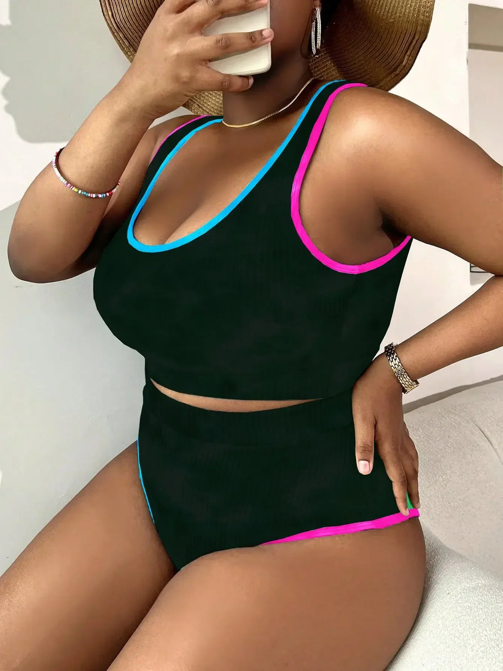 Large Size 3XL Women's Patchwork Swimsuit Sexy Backless High Waist Swimwear Textured Bikini Set Female Beachwear Holiday Biquini