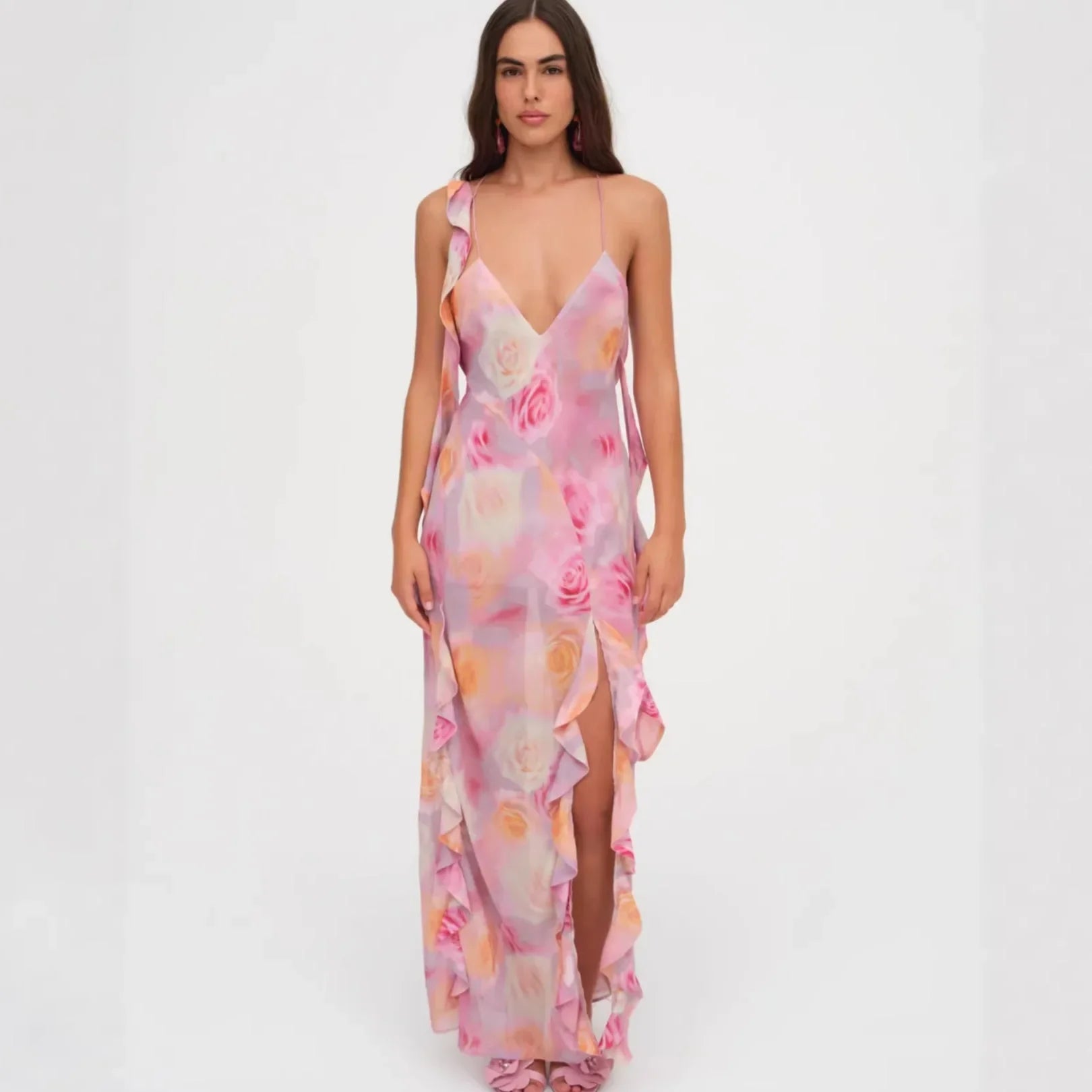 Deep V-neck Strap Dress Sexy Ruffled Long Dress Womens Pink Rose Print Strap Dress Ruffle Sleeveless Summer Beach Dress GO0Y