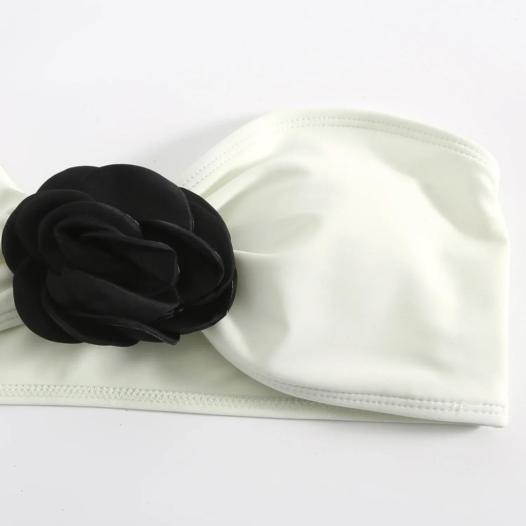 sexy 3d flower bandeau bikinis sets 3pcs with long mesh split skirt black white patchwork swimsuit bathing suit beach outfits