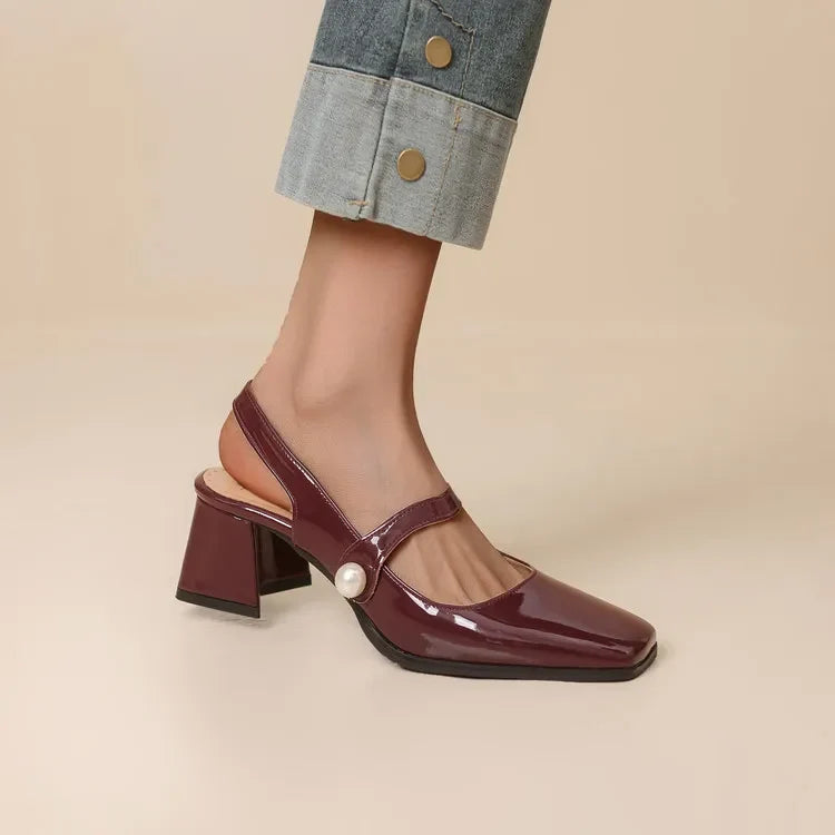 NASBAVI Fashion Women Pumps Slingback Sandals Square Toe Patent Leather Block High Heeled Mary Jane Shoes Ladies Gold Silver