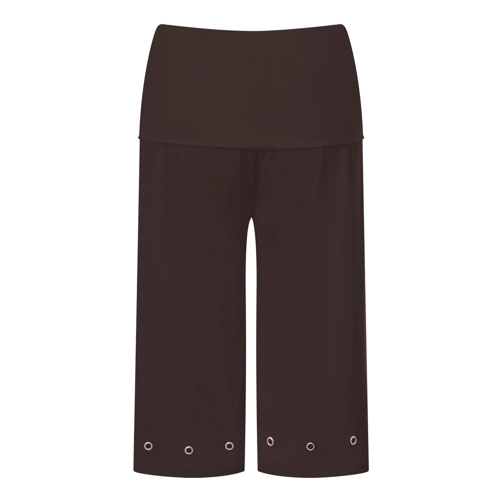 Women Capris Pants Summer Elastic Waist Solid Color Eyelets Casual Short Trousers Streetwear for Daily