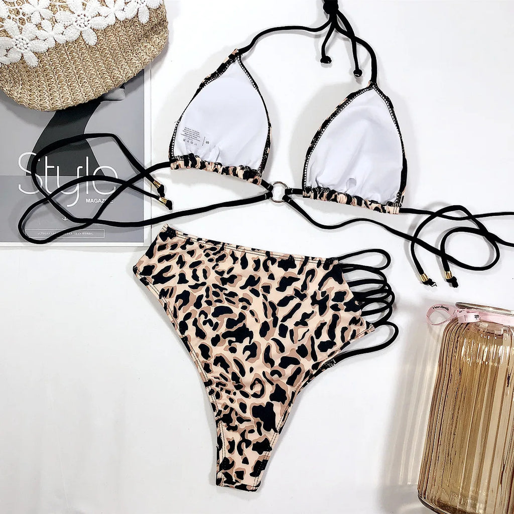 Bikini 2026 Sexy Women High Waist Hollow Leopard Swimsuit Swimwear Bikini Set Bathing Suit Female Stroje Kapielowe Damskie Mujer