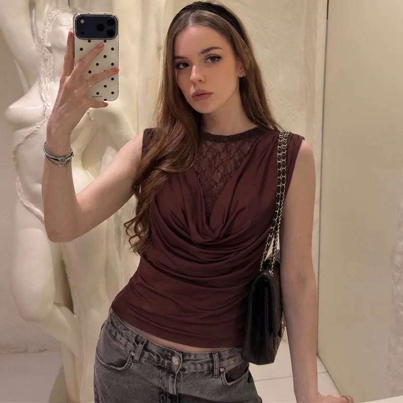 FDYOUI Elegant Lace Patchwork Tank Tops 2026 Summer See-through Sleeveless T-shirt Ladies Folds Slim Corset Crop Top High Street
