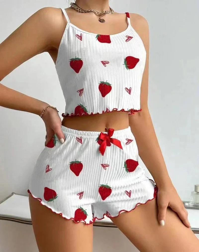 Soft Strawberry Print Pajama Set Frill Trim Slip Cami Top And Bow Decor Shorts Loose Cute Style Fit Women's Sleepwear Nightwear