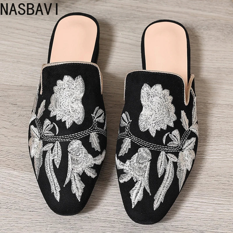 NASBAVI Fashion 3d Embroidery Mules Women Fur Slippers Velvet Shoes Ladies Low Heel Flower Decoration Sandals Women's Flip Flops