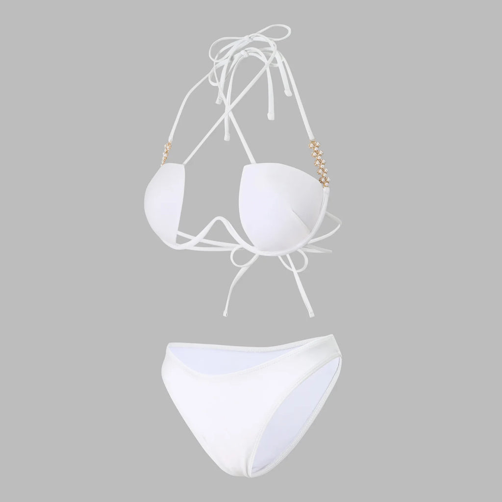 Halter Pearls V-Bar Underwired Bra Cup Bikini Women Swimwear Female Swimsuit Two-pieces Bikini Set Push Up Bathing Suit Swim