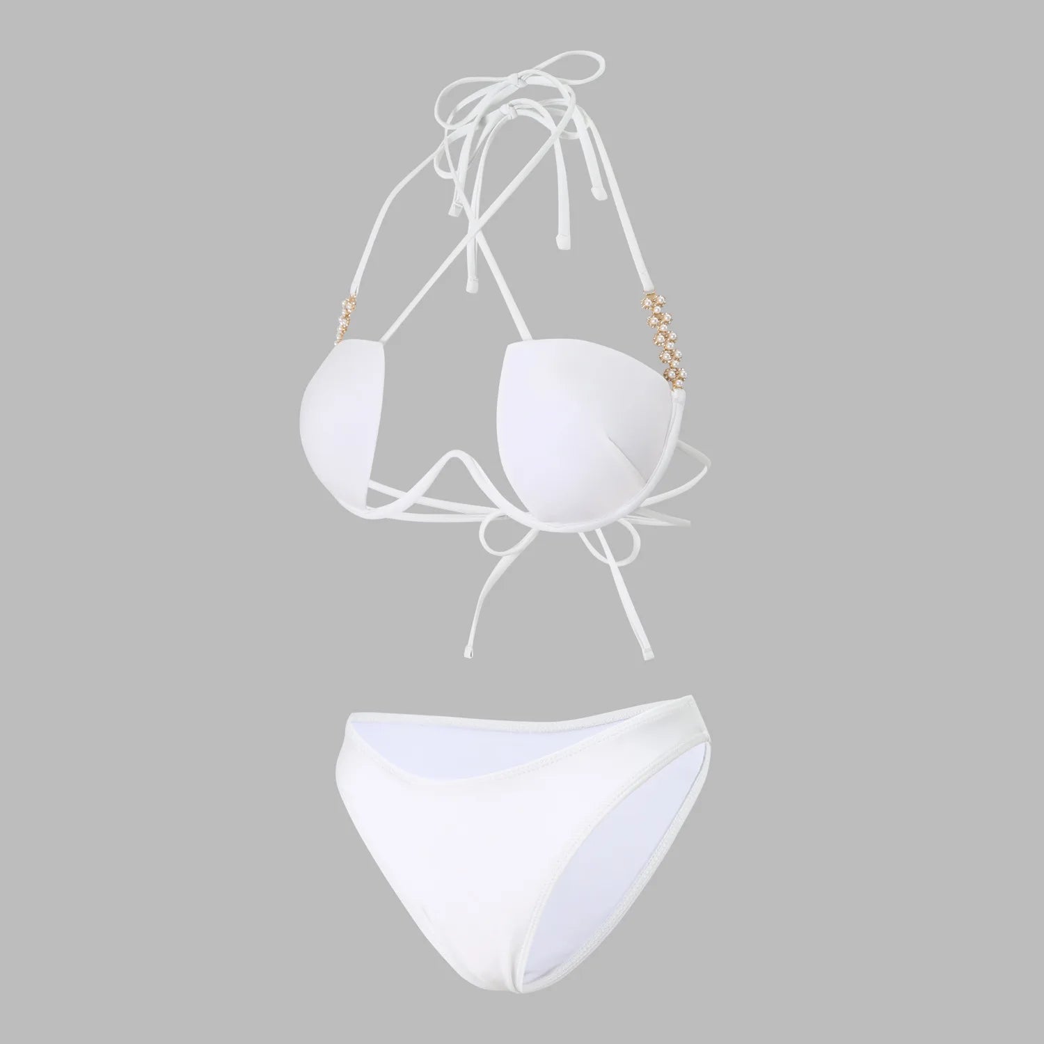 Halter Pearls V-Bar Underwired Bra Cup Bikini Women Swimwear Female Swimsuit Two-pieces Bikini Set Push Up Bathing Suit Swim