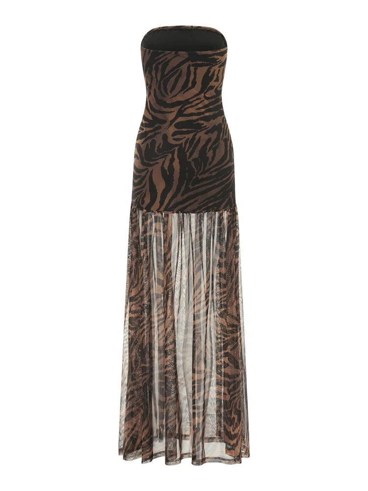 Women’s Tube Top Dress Bohemian Printed Strapless Mesh High Slit Long Dress Summer Evening Party Beach Sexy Club Dresses Summer