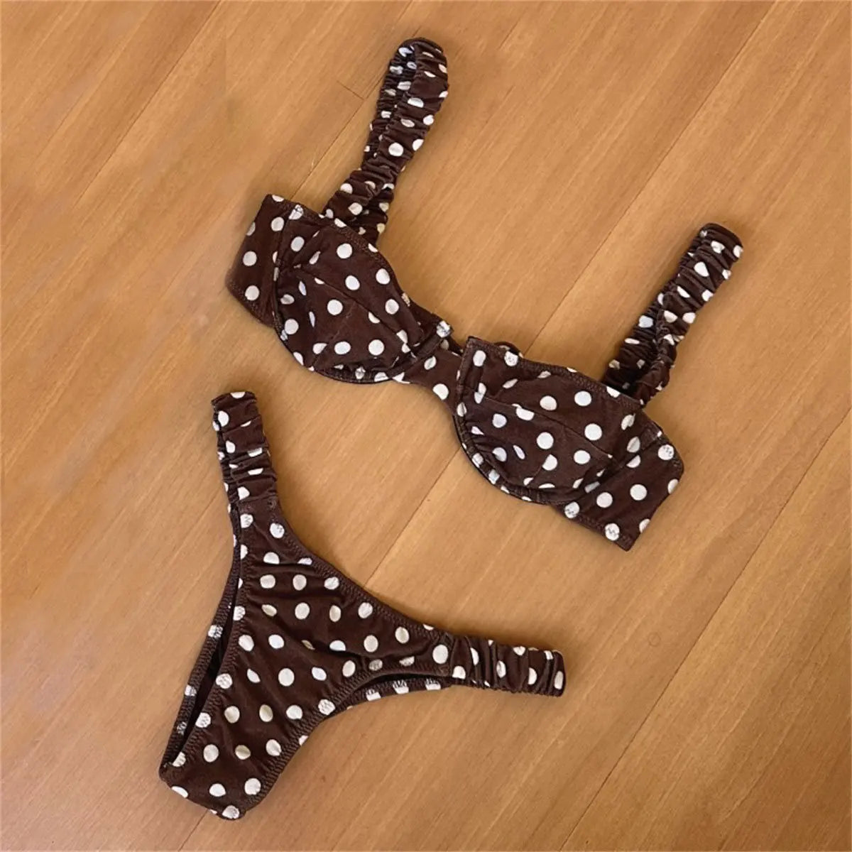 Vintage Brown Polka Dot Print Bikini Set 2026 Women Push Up Underwire Bra Pleate Thong Swimsuit Beach Bathing Suit Mini Swimwear