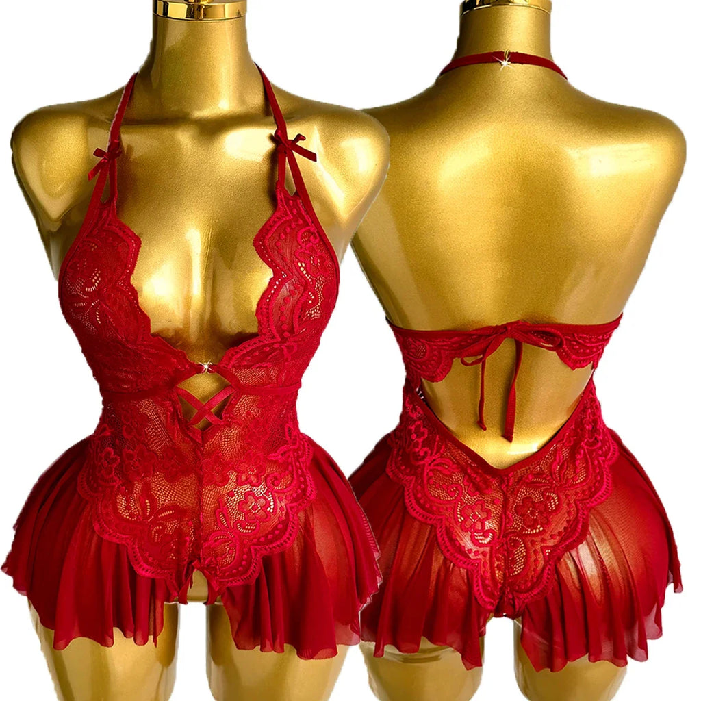 Elegant Lace Halter Neck Teddy Bodysuit With Bow Detail And Ruffled Hem Sexy Women's Lingerie
