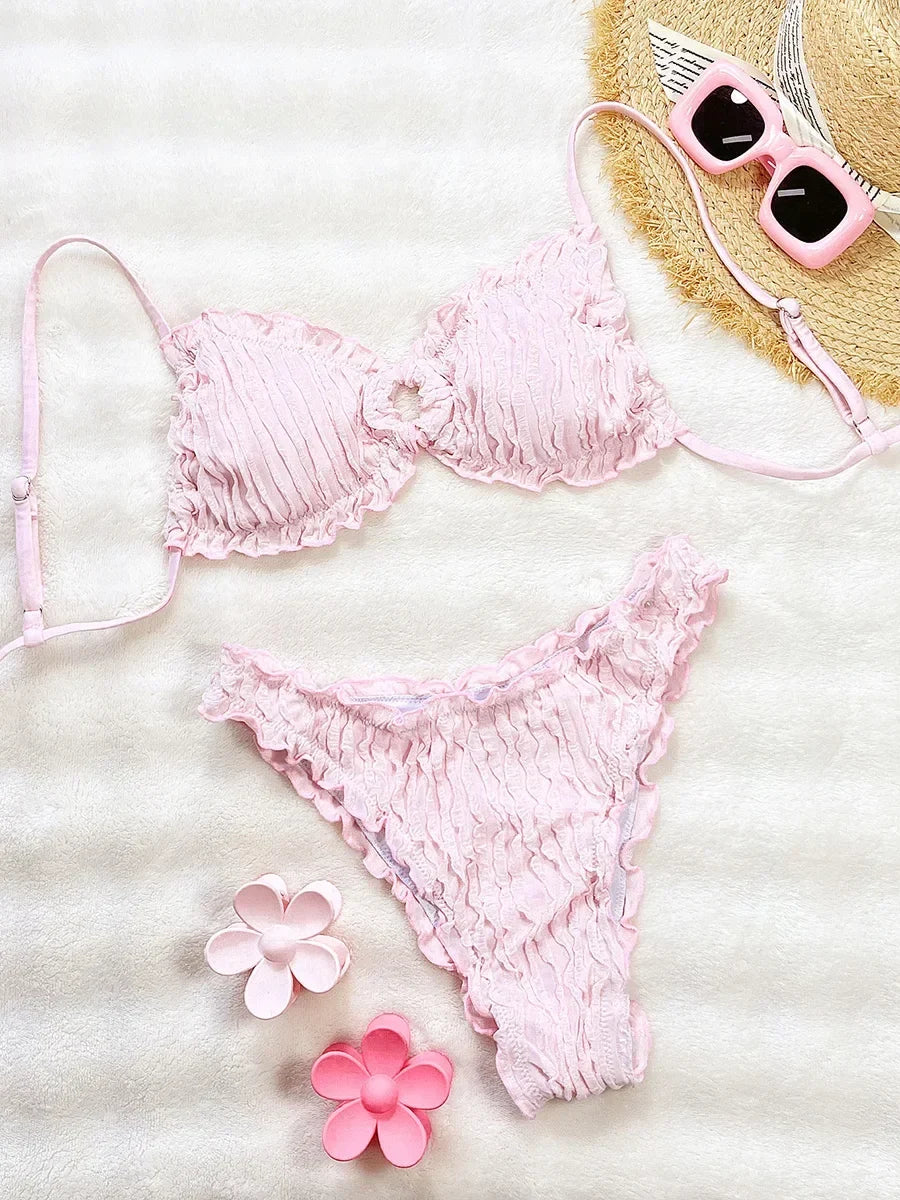 2026 Wrinkled Ruffled Halter Bikini Female Swimsuit Women Swimwear Two-pieces Bikini Set Bather Bathing Suit Swim Lady Beachwear