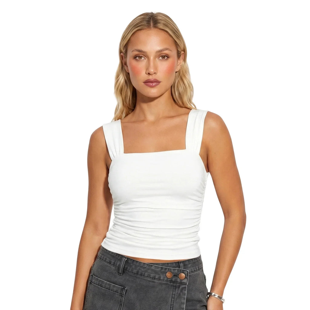 Women Square Neck White Tank Tops Ruched Design Sleeveless Solid Color Slim Fit Crop Tops Summer Vest Shirts