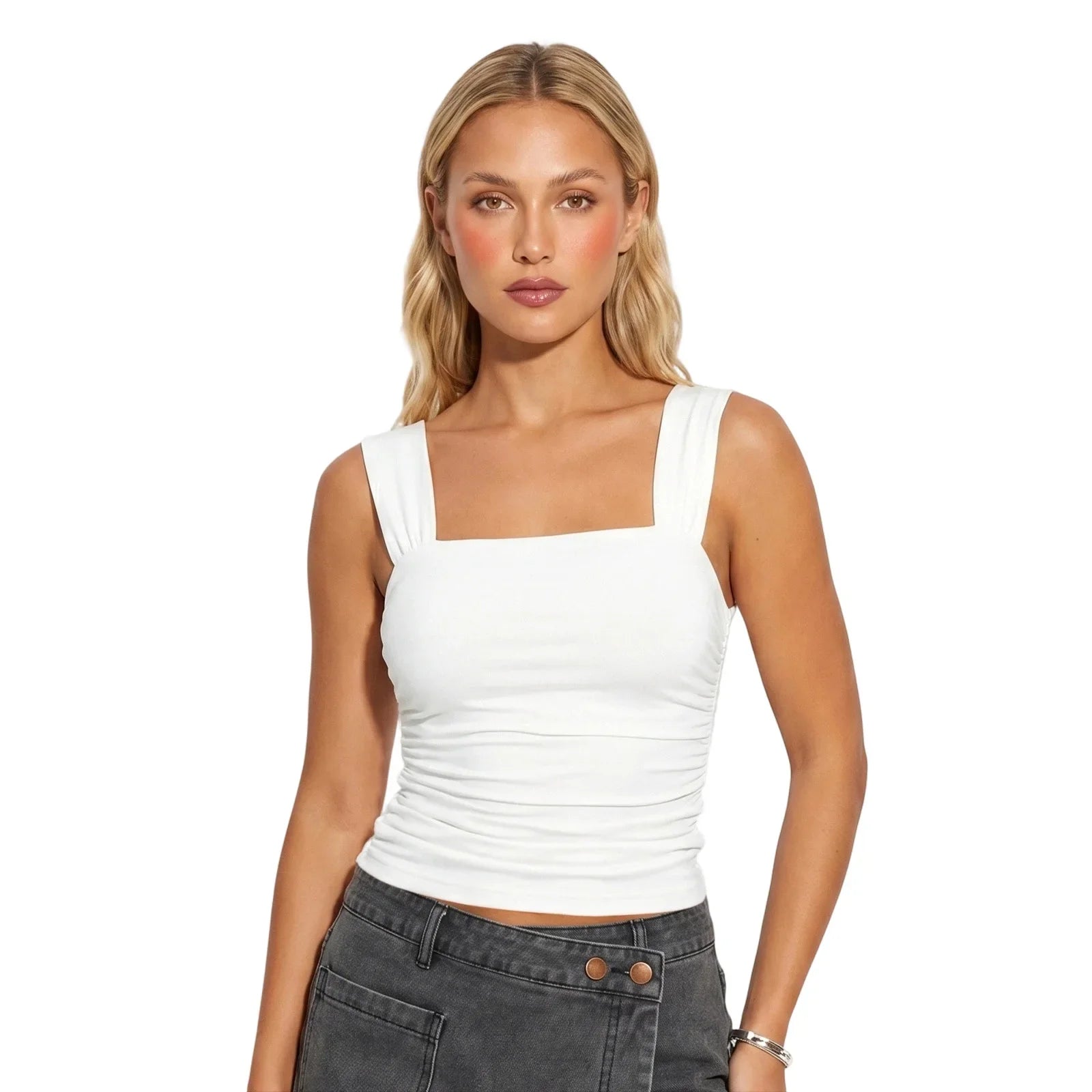 Women Square Neck White Tank Tops Ruched Design Sleeveless Solid Color Slim Fit Crop Tops Summer Vest Shirts
