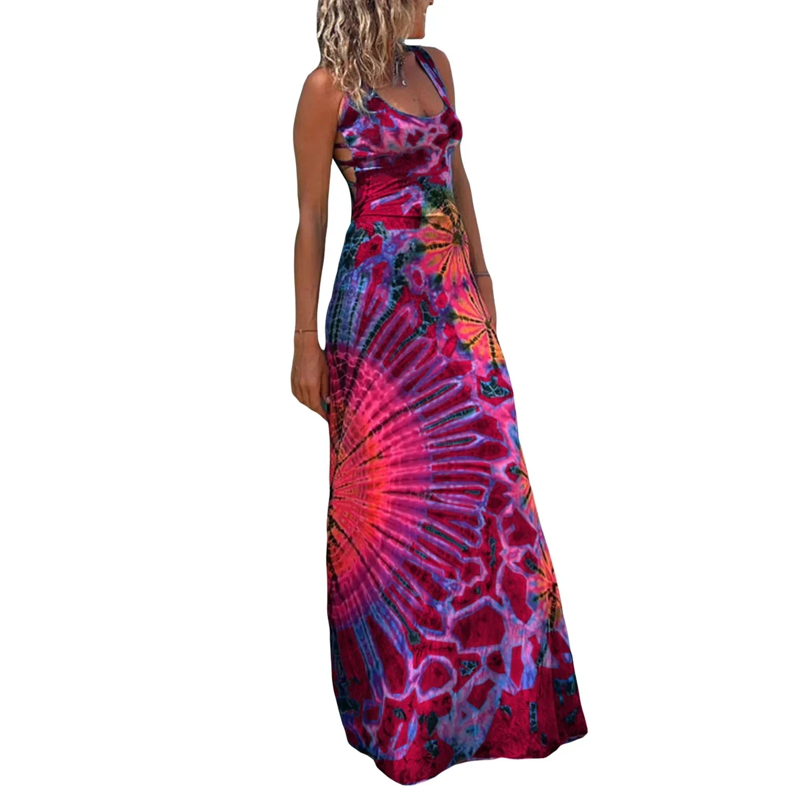 Women Summer Casual Long Dress Tie-Dye Print U-Neck Sleeveless Dress 2026 Fashion Cross Backless Dresses Bohemian Holiday Beach