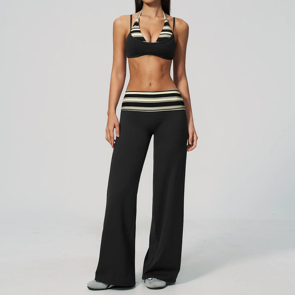 Fake Two-piece Sports Bra Yoga Sets Women Coffee Striped Patchwork Folding High Waist Wide Leg Pants Gym Running Fitness Suits