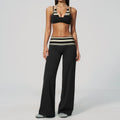 Fake Two-piece Sports Bra Yoga Sets Women Coffee Striped Patchwork Folding High Waist Wide Leg Pants Gym Running Fitness Suits