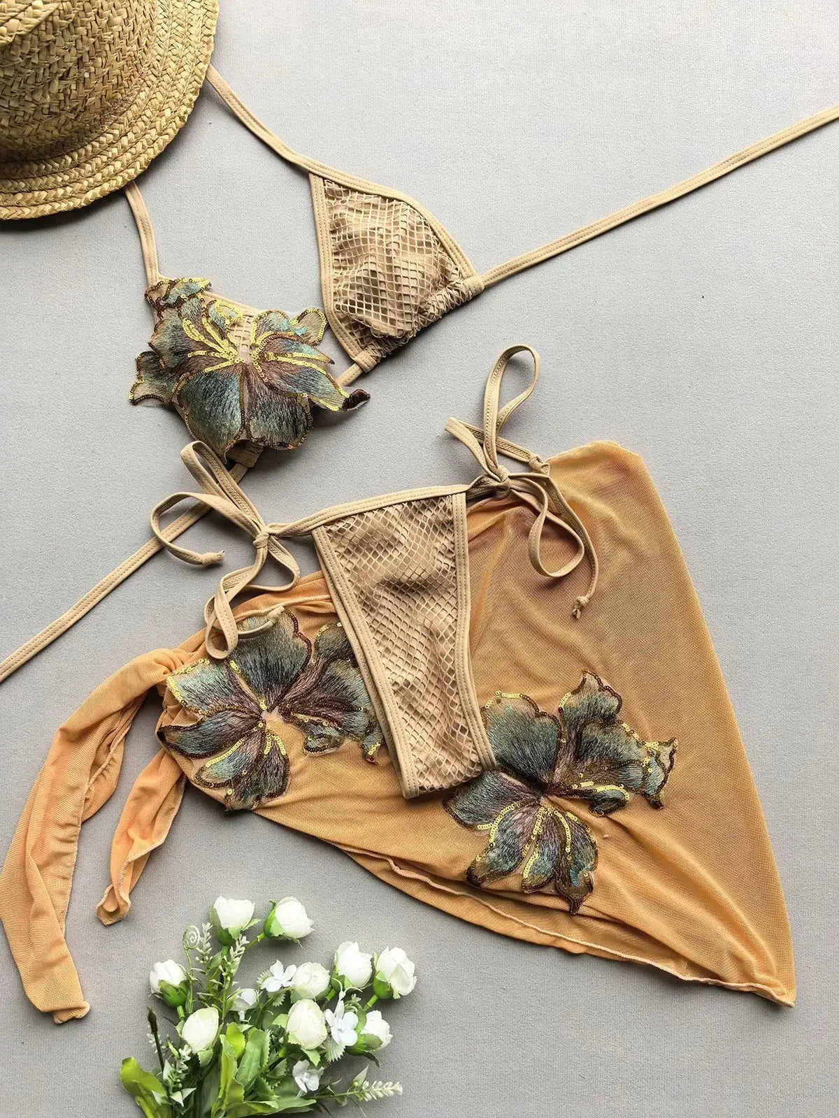 3 Pieces Sexy Women's Bikini Set 2025 Swimwear Female Beachwear Bathing Suit with Flower Sarong Swimming Cover up