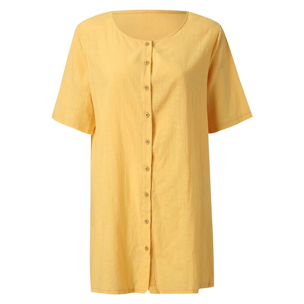Cotton Linen Breathable And Comfortable Mid Length Oversized Button Down Half Sleeve O-neck Cardigan Casual Beach Suncreen Top
