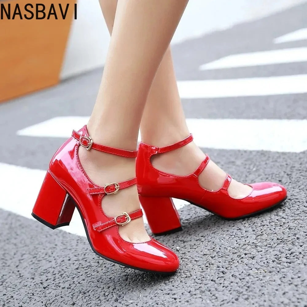 NASBAVI Spring Women Pumps Thick Block High Heel Patent Leather Round Toe Autumn Office Dress Party Bridal Red Lady Shoes 34-43