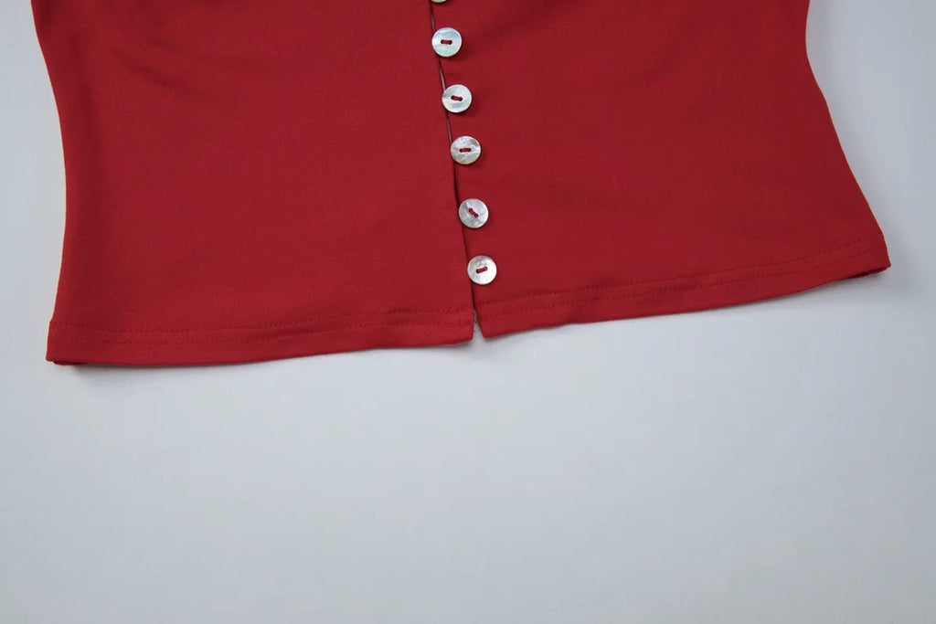 FDYOUI 2026 Women's T-shirts Turn-down Collar Single Breasted Short Sleeve Crop Tops Female Hollow Out Red Tee Shirt Streetwear