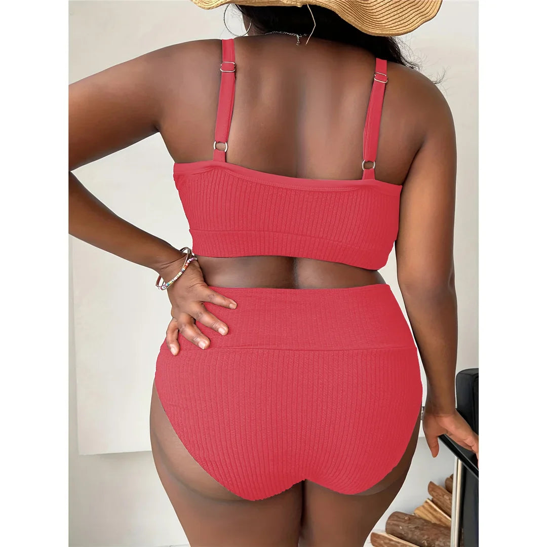 0XL - 4XL Ribbed Bikini Large Size Swimwear Plus Size Women Swimsuit Female Two-pieces Bikini Set Bather Bathing Suit Swim V4982