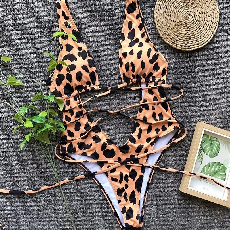 Leopard Deep V Neck Wrap Around High Cut Women Swimwear One Piece Swimsuit Female Monikini Tummy Cut Out Bathing Suit Swim Lady