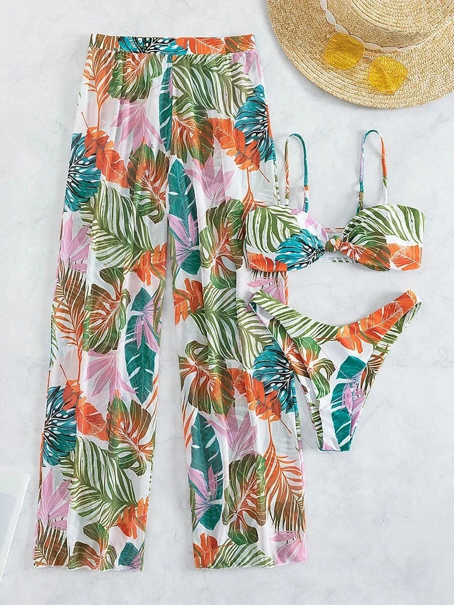 3 Pieces Strappy Bikini 2026 Women Printed Swimsuit Sexy Swimwear Female With Beach Pants Bathers Bathing Swimming Swim Suit