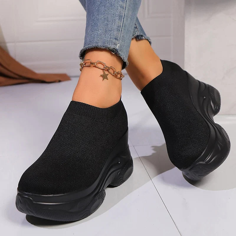 Black White Chunky Platform Knitted Sneakers Women Slip On Thick Bottom Vulcanizd Shoes Woman Breathable Mesh Walking Shoes