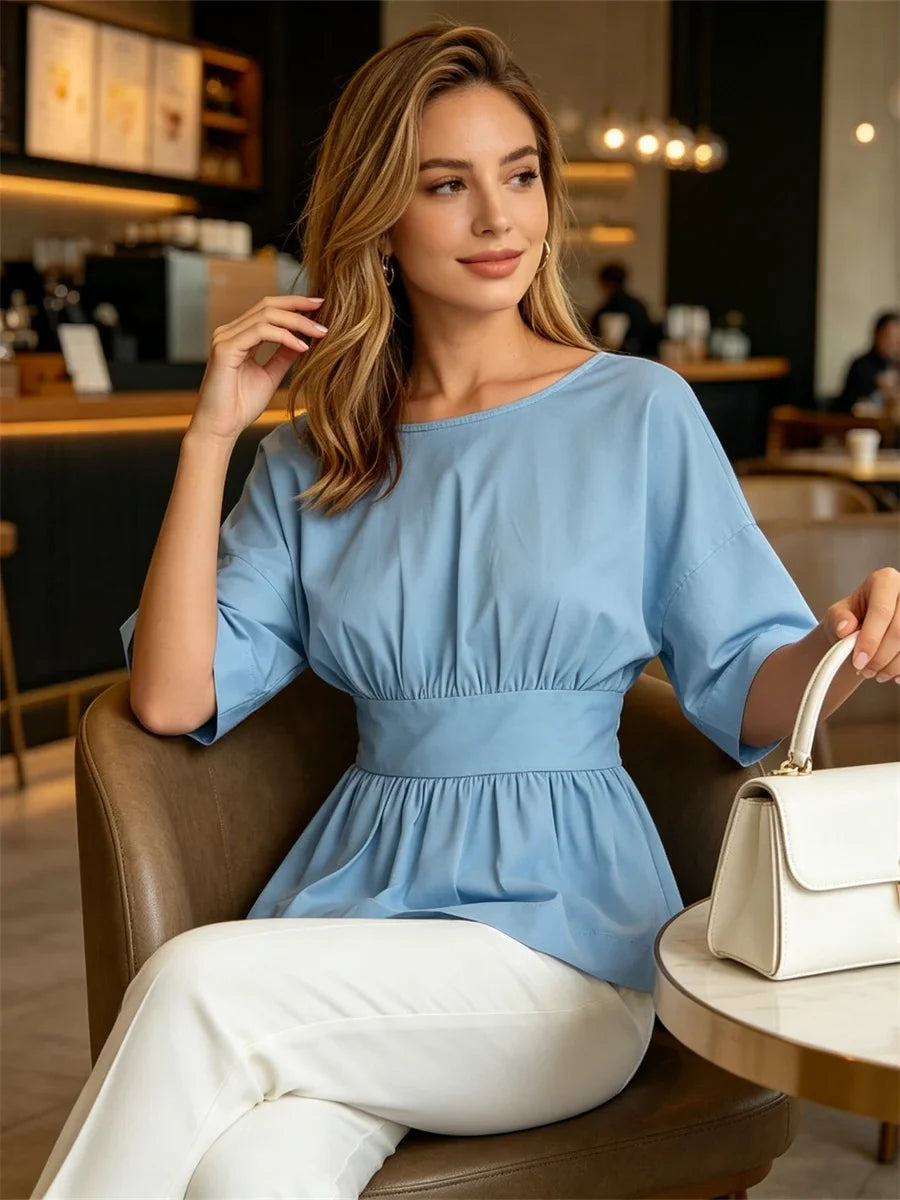 2026 Summer Women's Peplum Tops Casual Elegant Stylish Bow Backless Loose Shirts Crew Neck Elbow Sleeve Blouse
