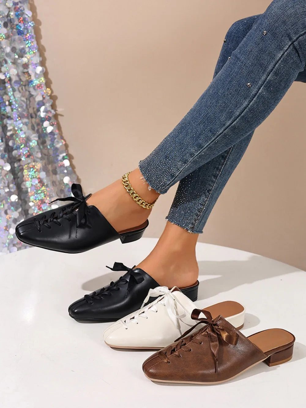 2026 New Retro Summer Brown Women's Slippers Thick Low Heels Square Head Lace Up Ladies Comfortable Outdoor Beach Sliders 35-45