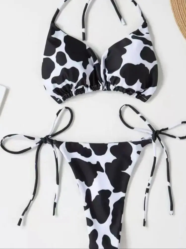 New Style Cow Print Lace-Up Halter Neck Sexy and Fashionable Women's Two-Piece Bikini Swimsuit
