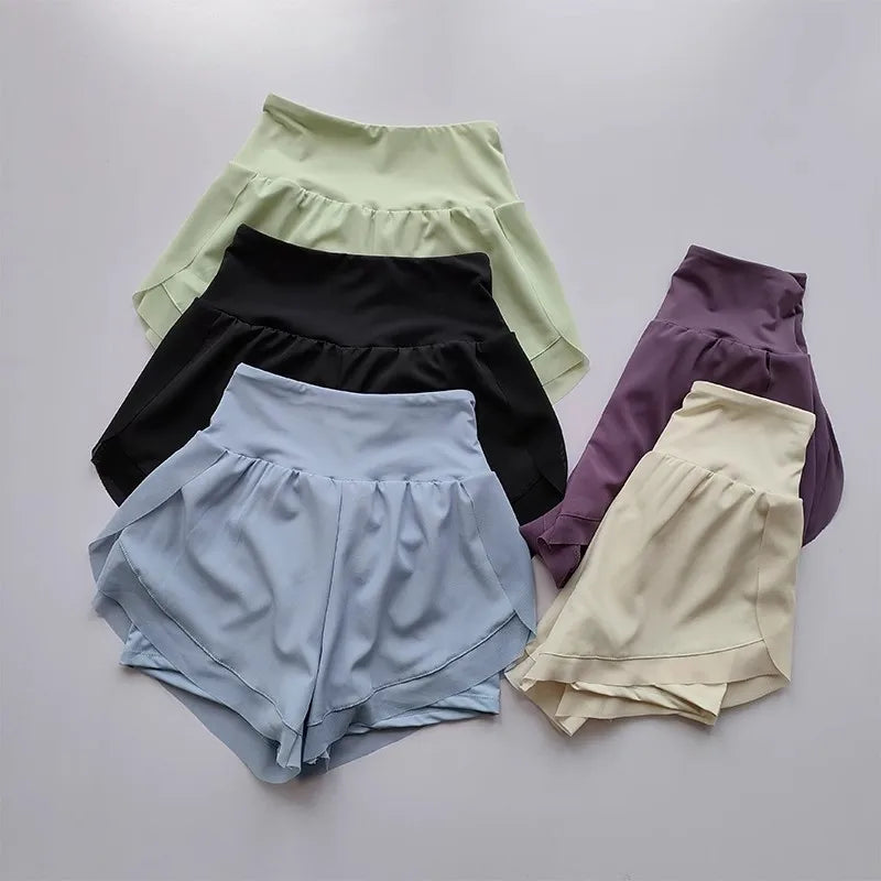 Women's yoga shorts, summer mesh fake two-piece quick drying anti glare fitness high waisted yoga pants