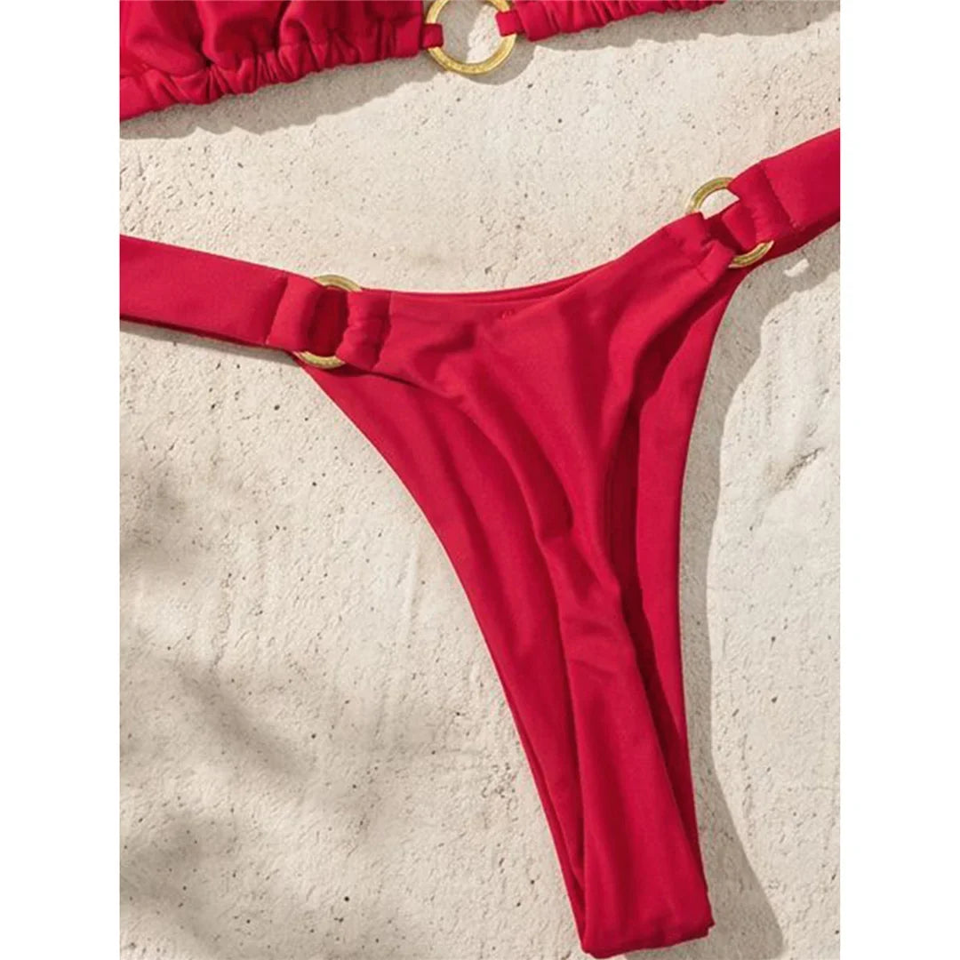 XS - L Halter Metal Ring Mini Thong Bikini Female Swimsuit Women Swimwear Bather Bathing Suit Swim Two-pieces Bikini set K8107