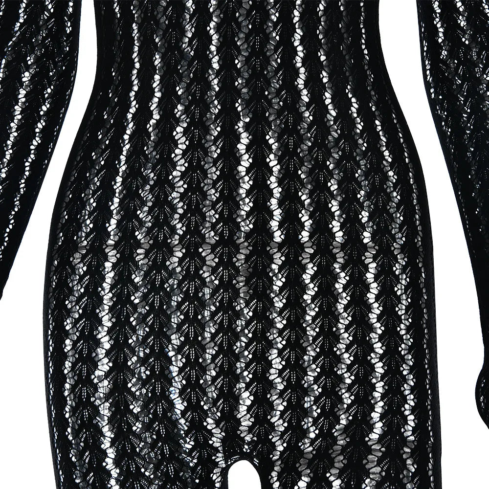 FDYOUI Sexy See-through Bodysuit Women's Long Sleeve Night Club Overalls Black Streetwear Lady Chic One Piece Party Jumpsuits