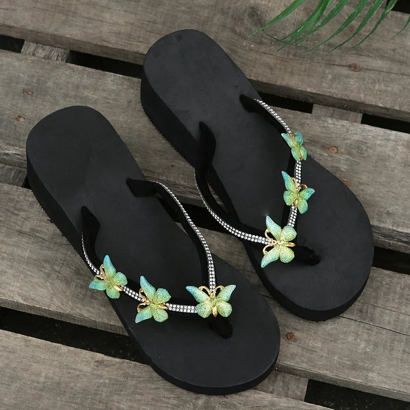 Luxury Crystal Butterfly Wedge Heel Flip Flops Women Fashion Clip Toe Thick Bottom Slippers Woman Summer Beach Non Slip Slides