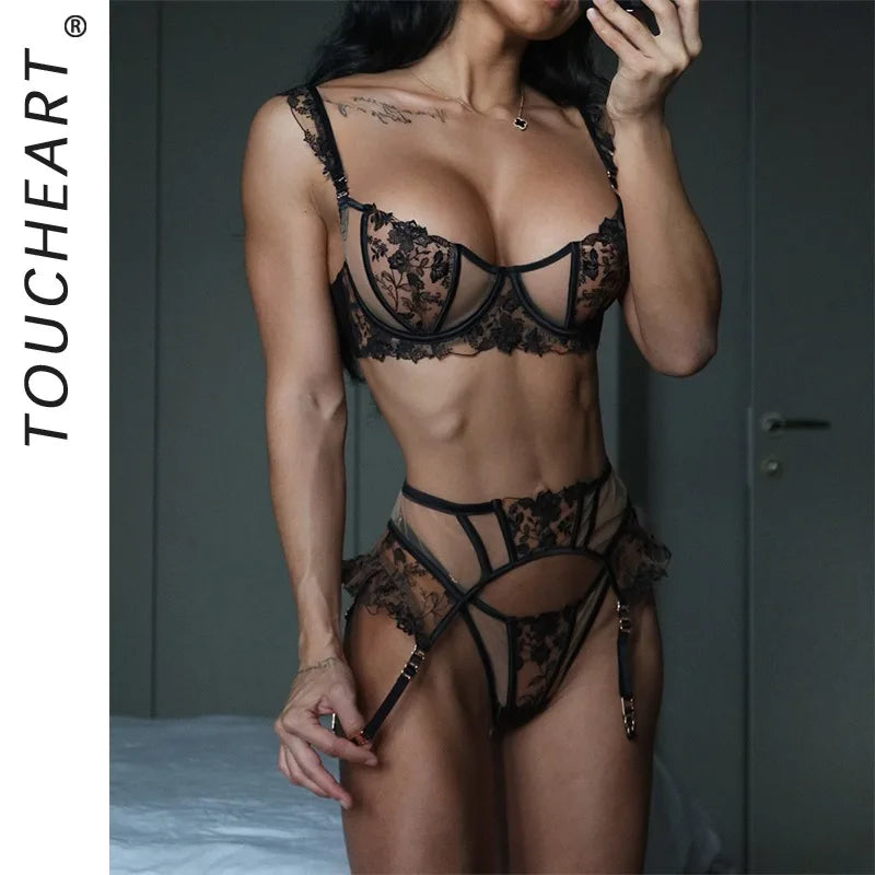 Toucheart Erotic Lingerie Fashion New Floral Embroidered See-through Mesh Body-shaping Women Sexy Underwear Three-piece Hot Set