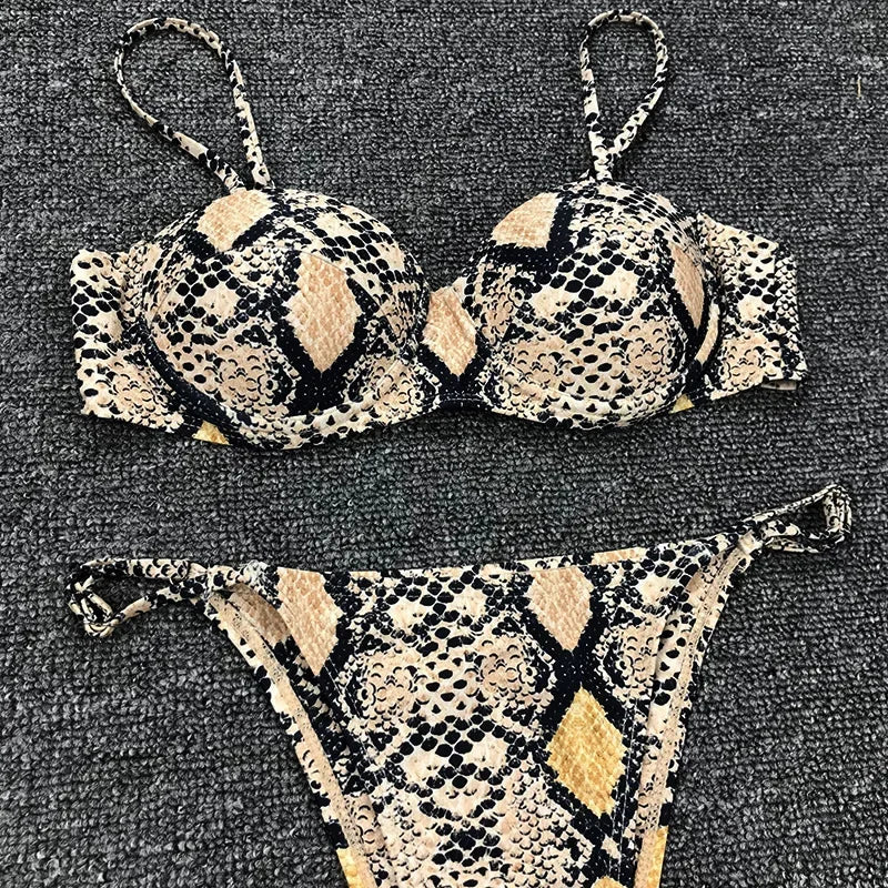 Snake Skin Underwired Bra Cup Bikini Women Swimsuit Female Swimwear Two Pieces Bikini Set Mini Micro Thong Bathing Suit Swim