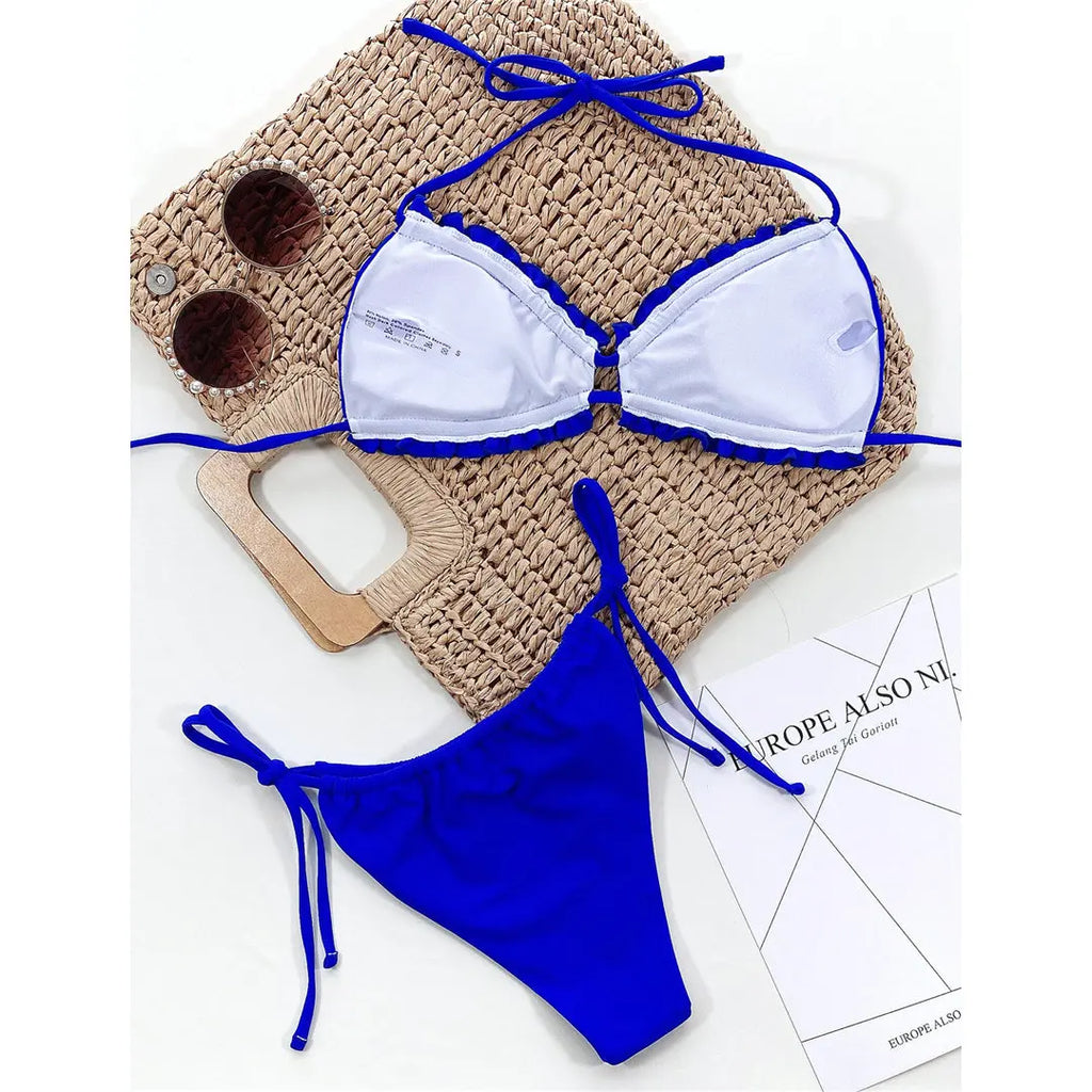 Sexy Ruffled Frilled Pleated Ruched Bikini Women Swimwear Female Swimsuit Two-pieces Bikini Set Bather Bathing Suit Swim V3239