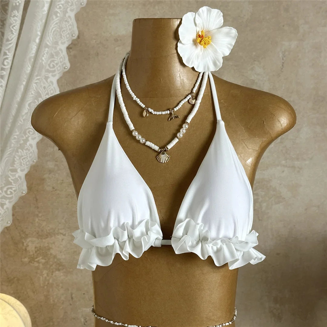 With Skirt Ruffled Frilled Halter Bikini Female Swimsuit Women Swimwear Three-pieces Bikini set Bather Bathing Suit Swim V7788