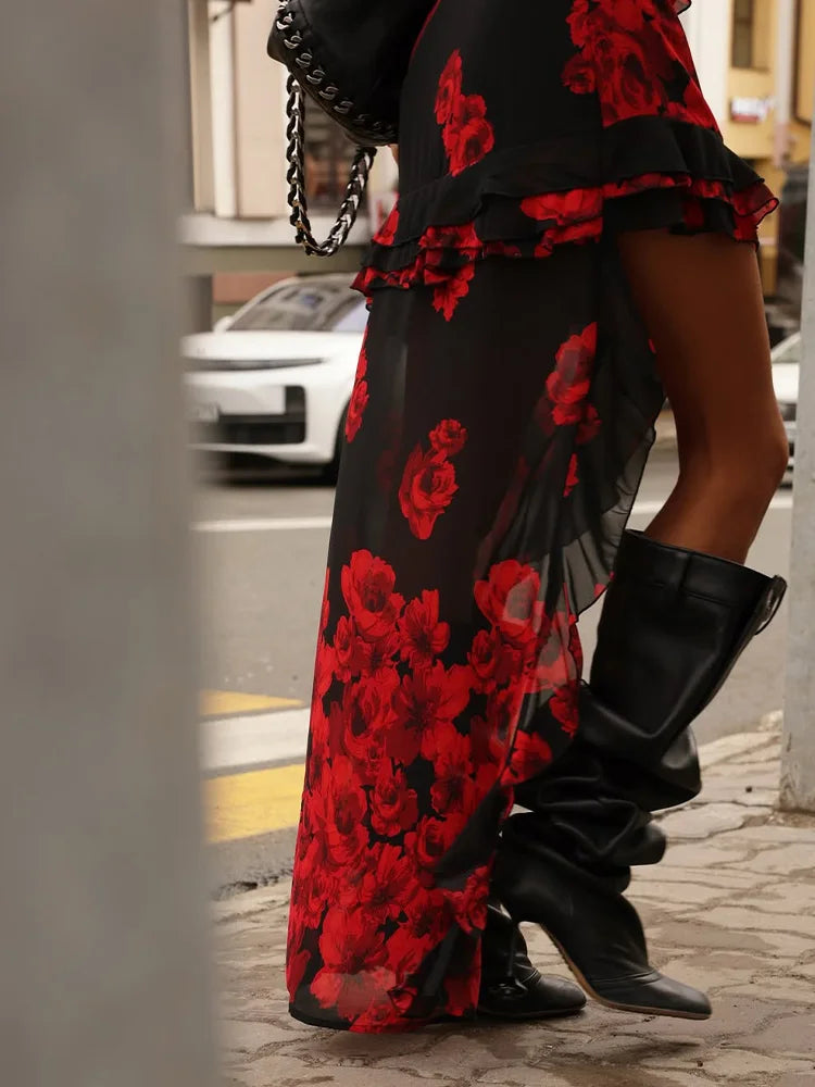 Ahagaga 2025 Summer Fashion Women's Straps Dresses Print Asymmetrical Chiffon Floral Streetwear Skinny Trailing Yk2 Vestidos