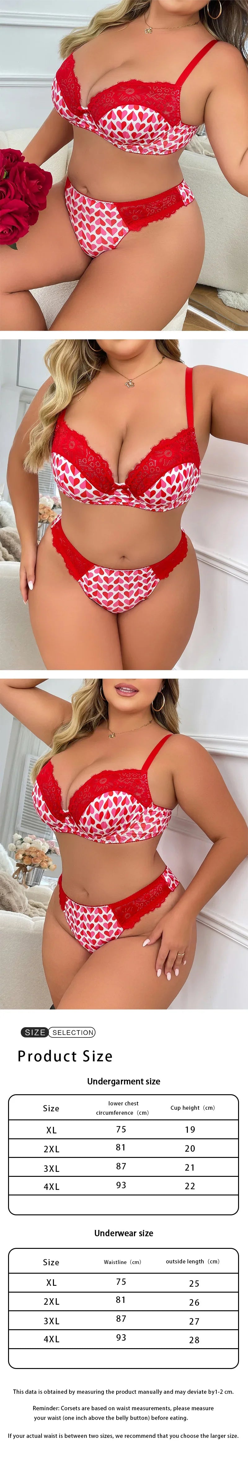 Heart Print Lace Lingerie Set Plus Size Minimizer Bra Smoothing Support Thin Breathable
