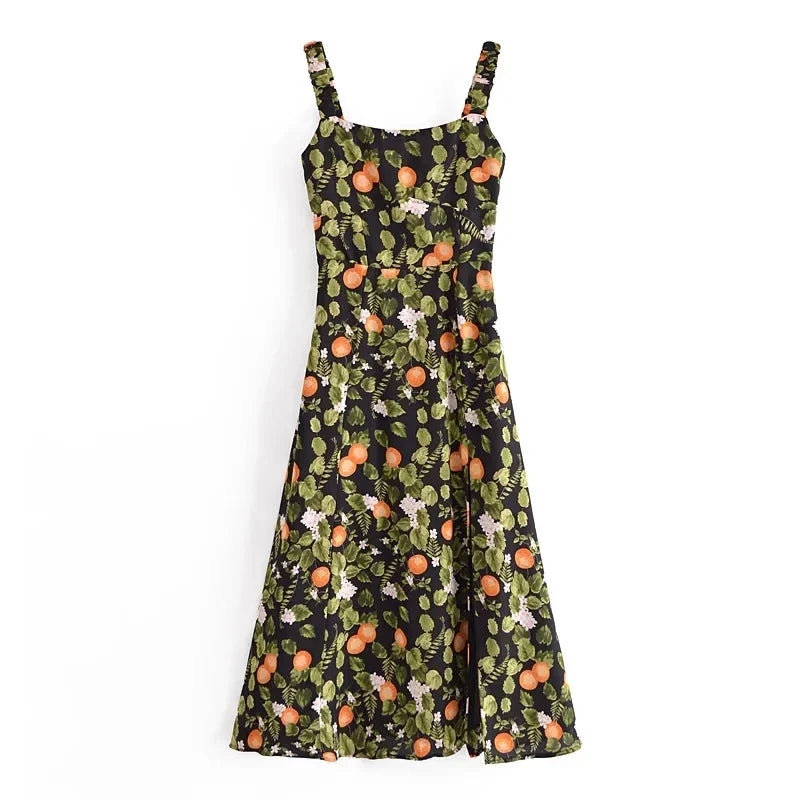 French Style Vintage Lemon Leaf Printed Green Dress Sexy Slip Midi Sleeveless Tank Dress Chiffon Women Holiday Elegant Dress