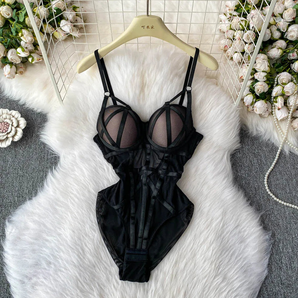 MOYISU Sexy Instagram Viral Bodysuit Women Pure & Sexy Sheer Mesh Halter Push Up Pads Summer Lingerie Euro Style Hot Sale SG