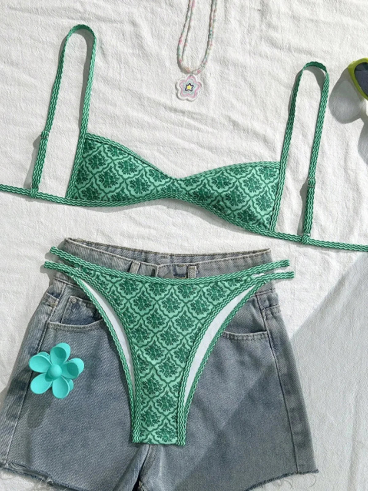 S - XL Flowers Printed High Leg Cut Bikini Female Swimsuit Women Swimwear Two-pieces Bikini set Bather Bathing Suit Swim V6965