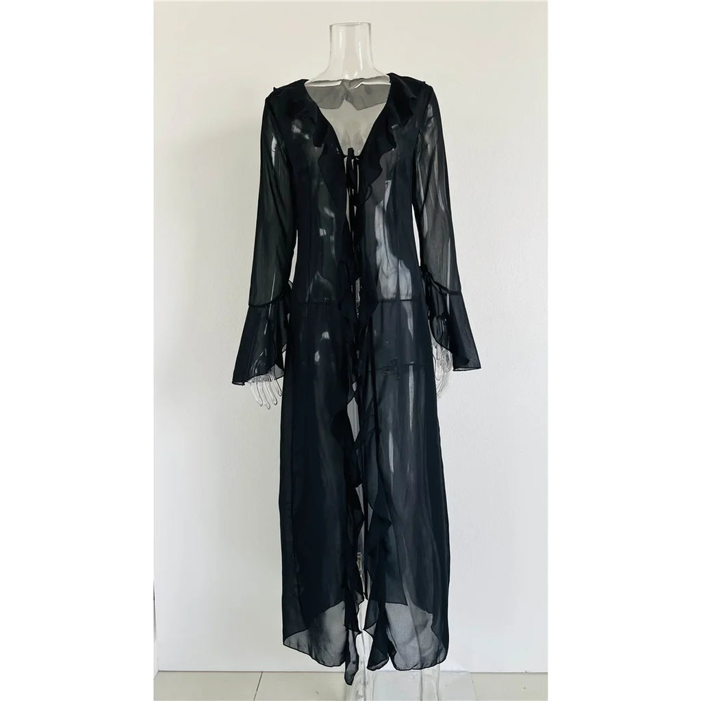 Women's V Neck Ruffled Long Sleeve Dress Chiffon Tunic Beach Cover Up Cover-ups Beach Dress Sunscreen Beachwear Vacation V5976B